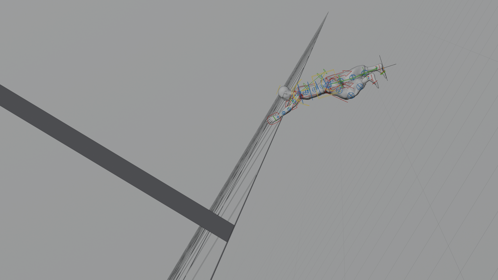 3D model in a diving pose with visible rig controls on a gray grid background.
