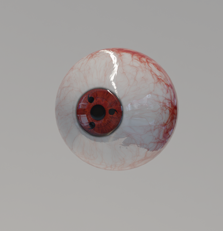 3D rendered human eyeball with red iris and visible blood vessels on white sclera.