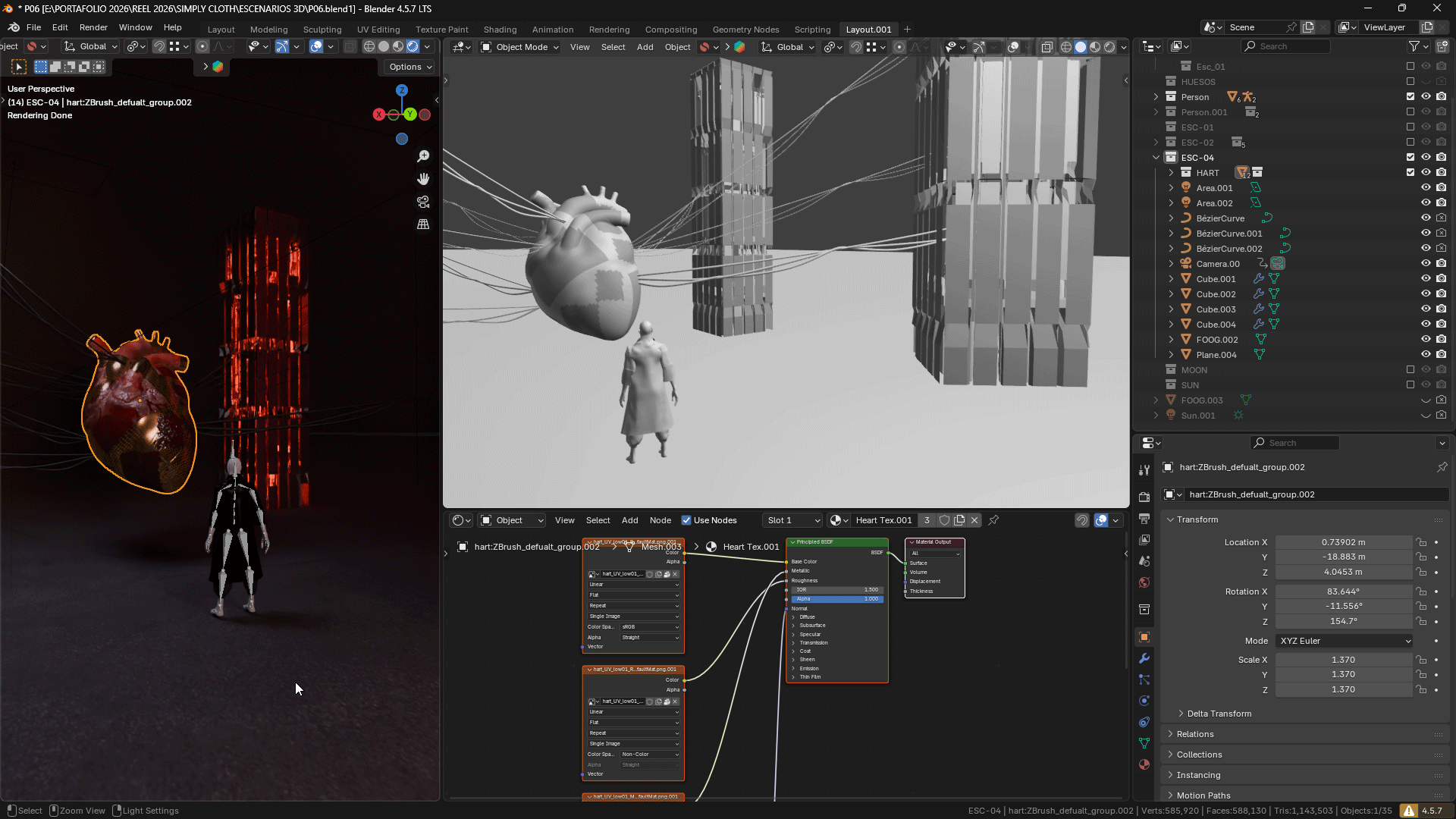 3D modeling interface showing a digital human figure and a floating anatomical heart connected by wires.