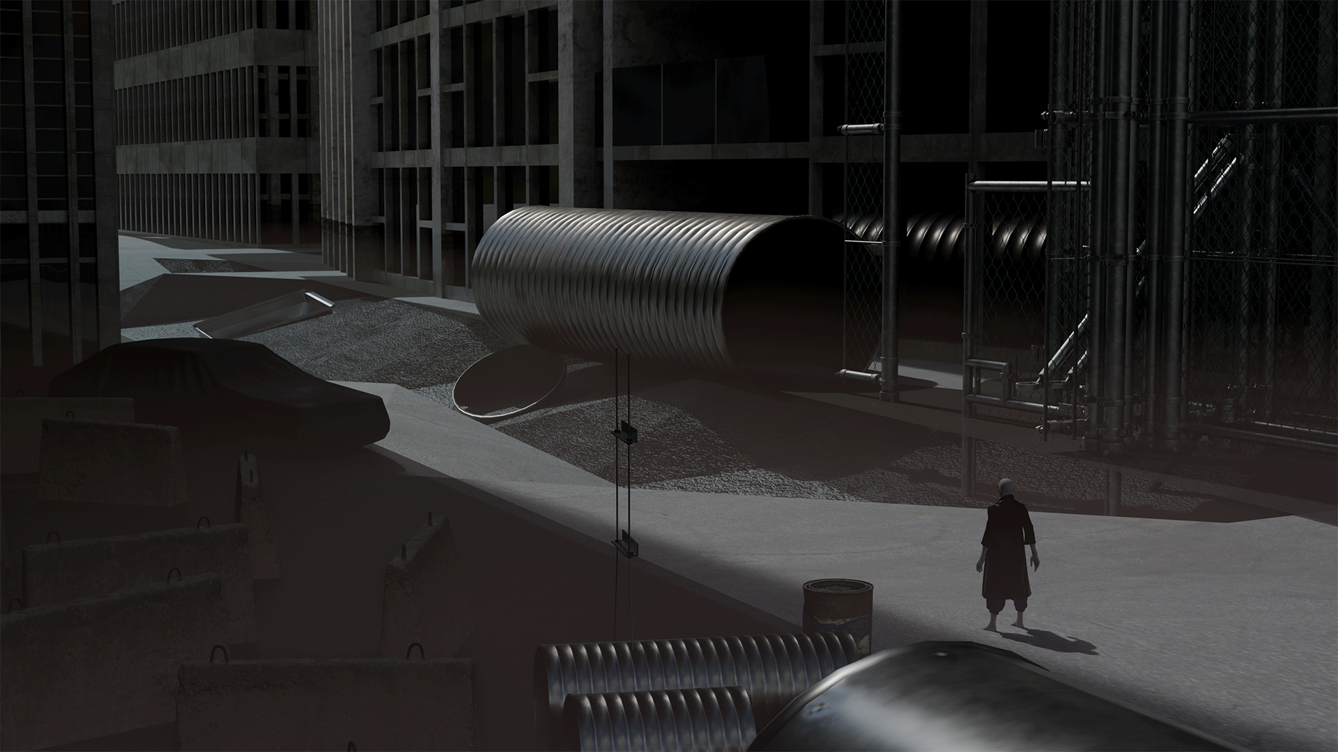 Dark urban scene with large pipes, industrial fencing, and a solitary figure walking on a concrete path.