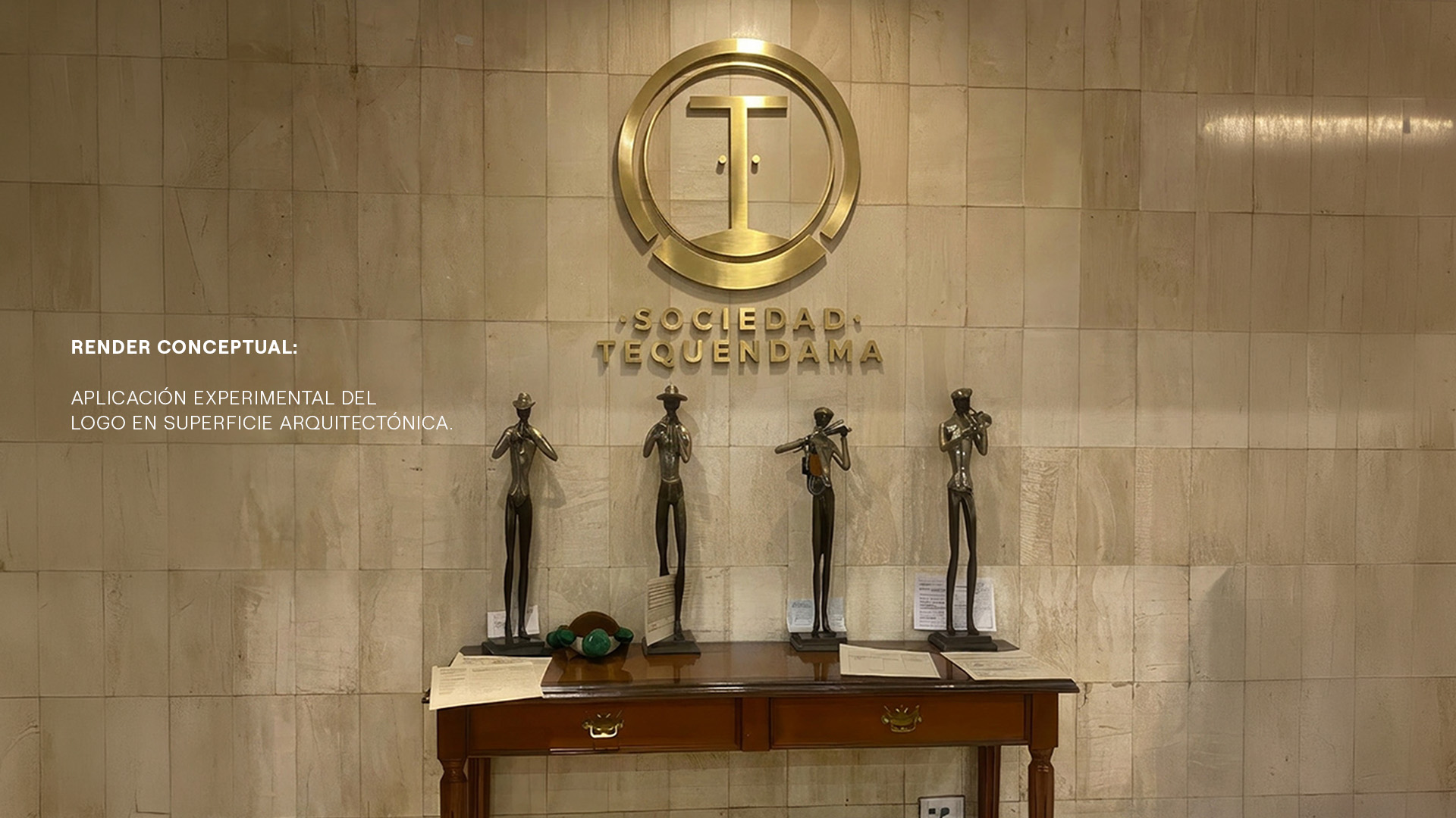 Empty modern event hall with colorful lighting and a large stage displaying Sociedad Tequendama logo.