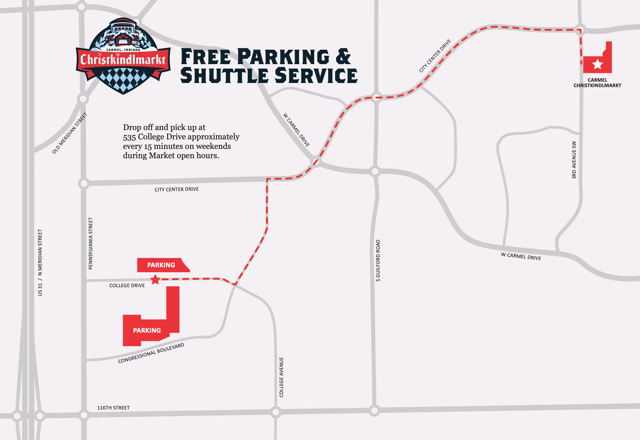 Map showing free parking areas and shuttle service route to Carmel Christkindlmarkt with shuttle stops at College Drive and route via City Center Drive and W Carmel Drive.