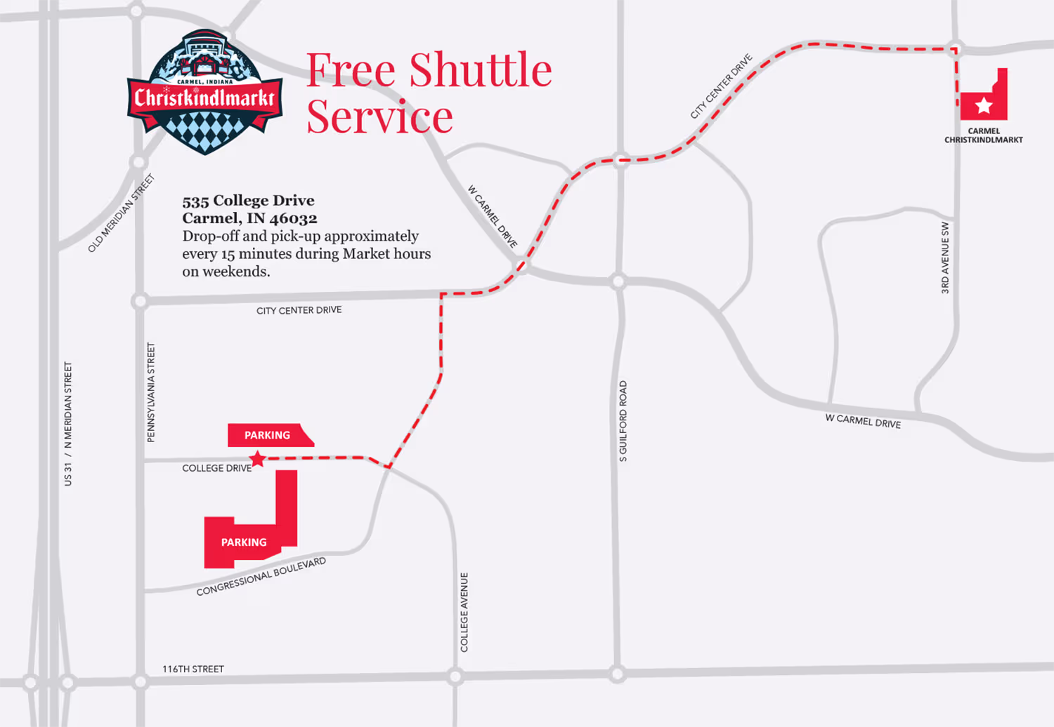 Map showing free parking areas and shuttle service route to Carmel Christkindlmarkt with shuttle stops at College Drive and route via City Center Drive and W Carmel Drive.