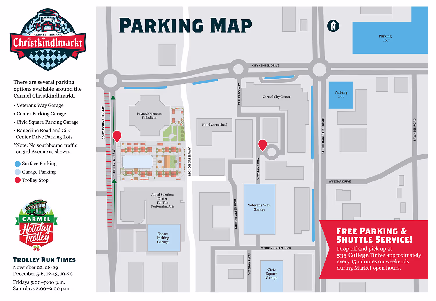 Parking map for Carmel Christkindlmarkt showing surface and garage parking areas, trolley stops, and shuttle service information with landmarks including Veterans Way Garage, Center Parking Garage, and Civic Square Garage.