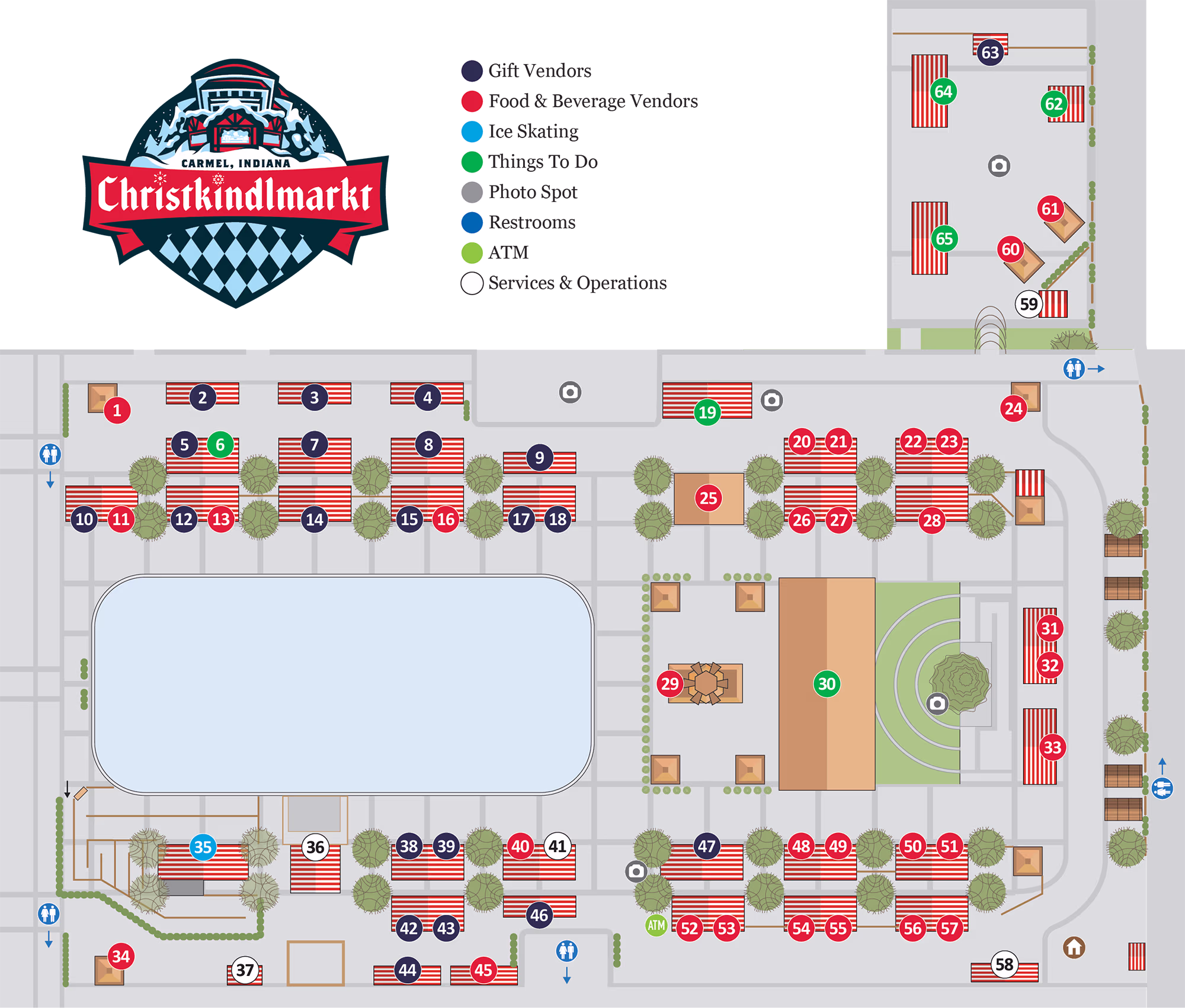 Map of Carmel, Indiana Christkindlmarkt showing various numbered booths arranged around a central rectangular ice rink, with legend indicating booth categories by dot colors: dark blue for Food Vendors, red for Local & Artisan Vendors, light blue for The Village, green for Things To Do, teal for Restrooms, light green for ATM, and white for Information & Operations. Areas include seating, a stage or pavilion, trees, pathways, restrooms, and an ATM location.
