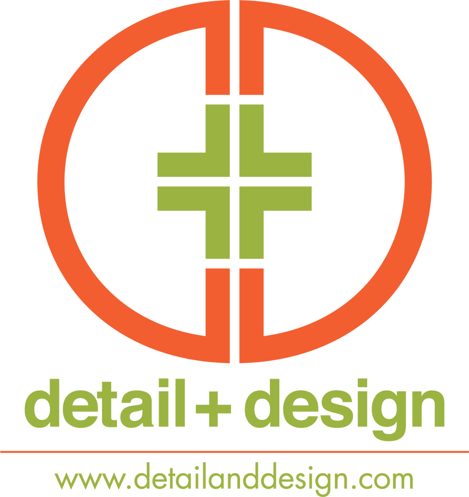 Logo featuring an orange circular frame split into two halves with green plus sign shapes inside and the text 'detail + design' in green below it, along with the website URL www.detailanddesign.com underneath.