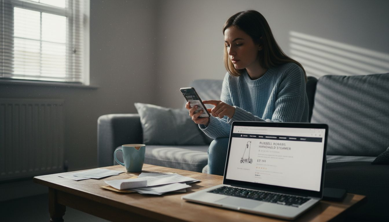 Woman checking product reviews at home