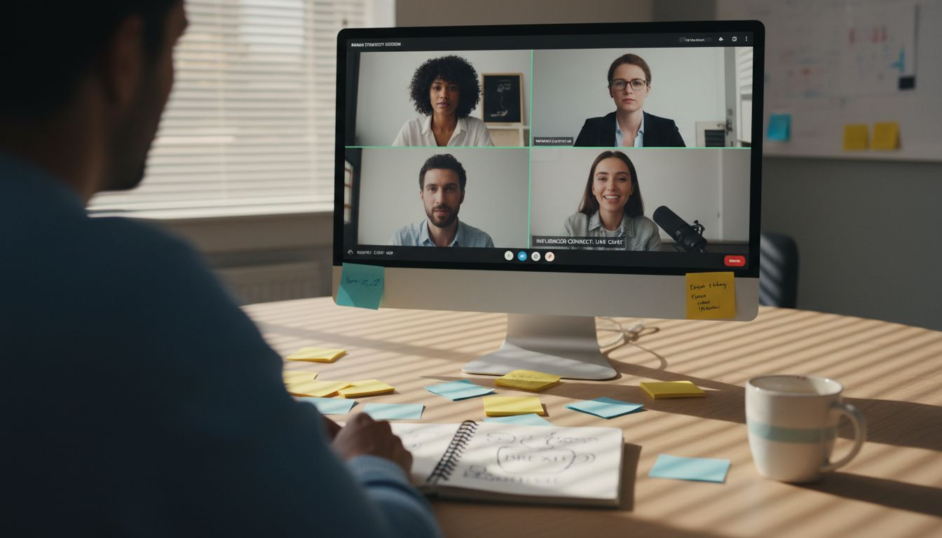 Team joining global influencer video meeting