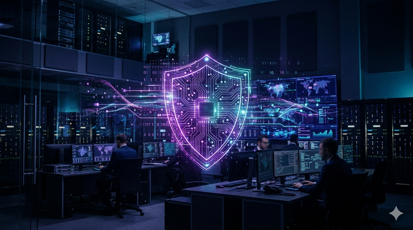 Cybersecurity operations center with digital shield visualization