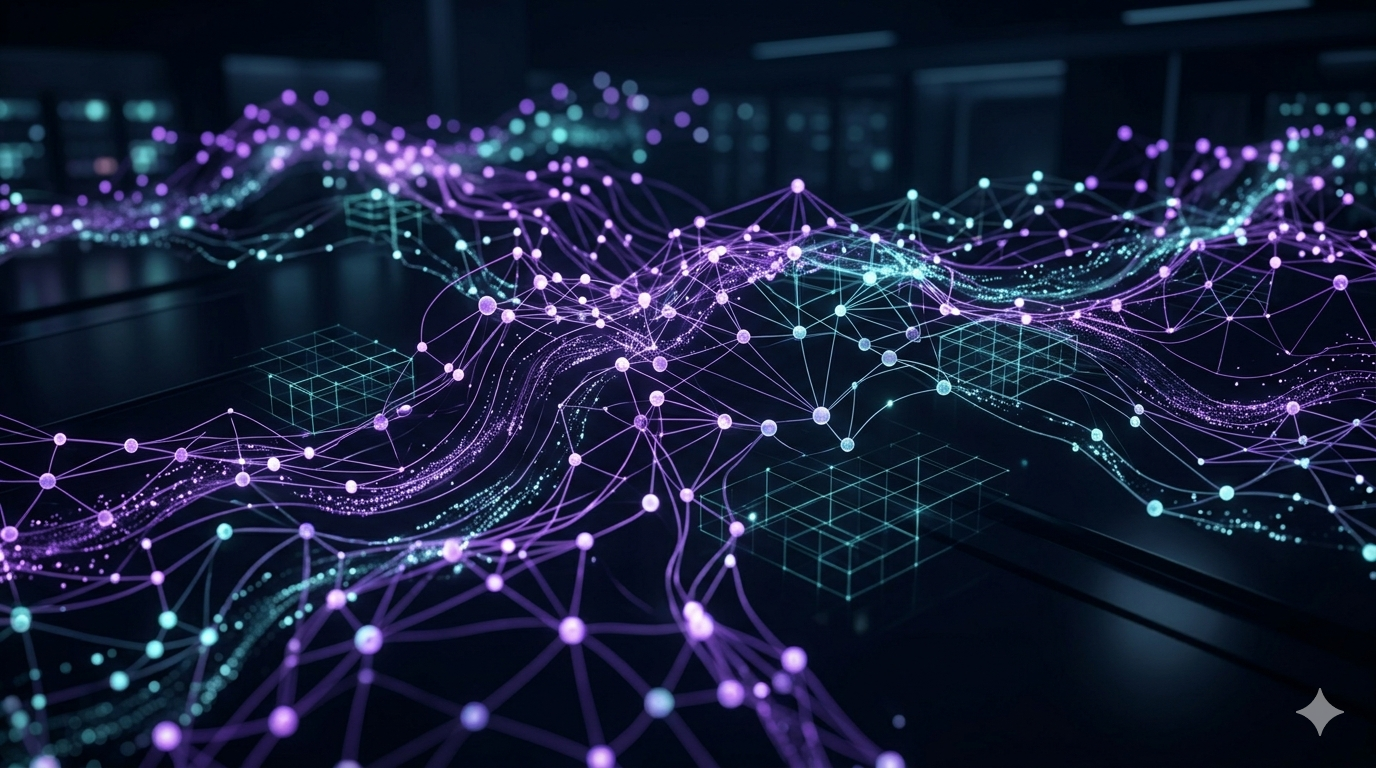 AI neural network visualization with purple and teal data flows