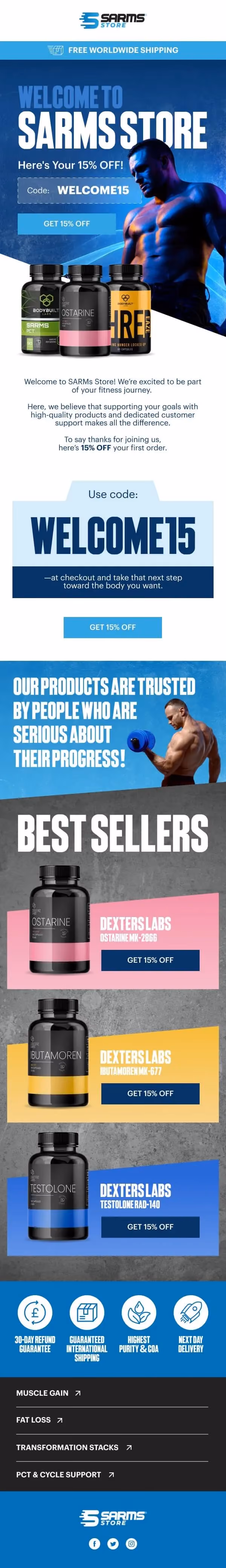 SARMs Store welcome email design by Sunlo Consulting