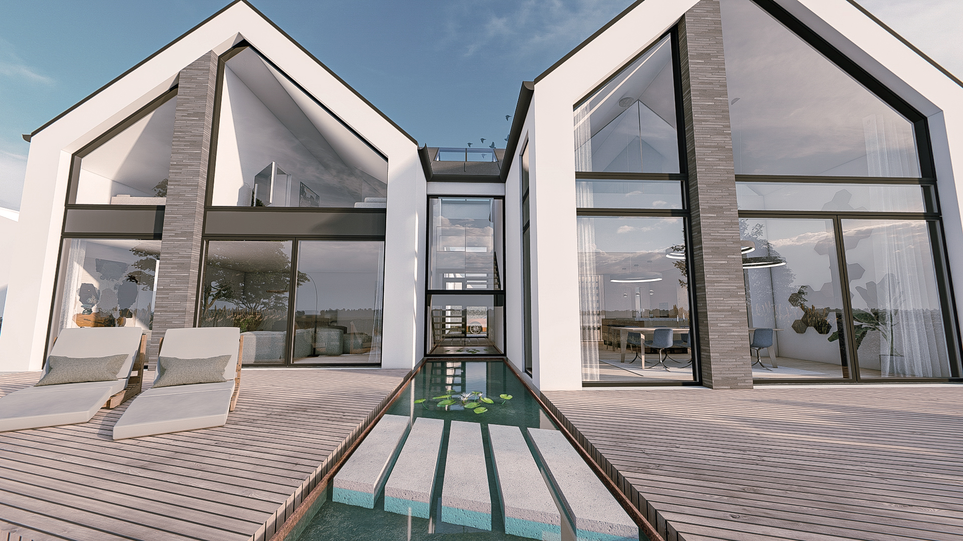 Billede af et arkitekt tegnet 1½-plans dobbelthus, af det danske arkitektfirma m2plus