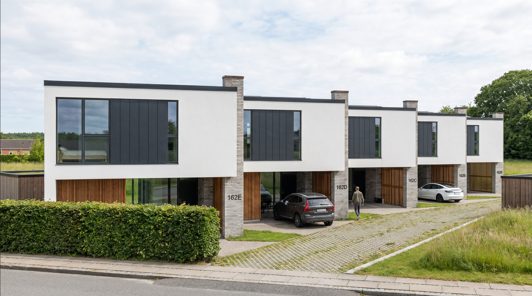 Billedet er et arkitekt tegnet 2-plans erhverves projekt, af ny funkis bolig - ny drømme villa i rækkehus format, i Viborg, af det danske arkitektfirma m2plus.