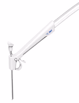 Close-up of a white medical device handle with a control lever and a long thin metal probe.