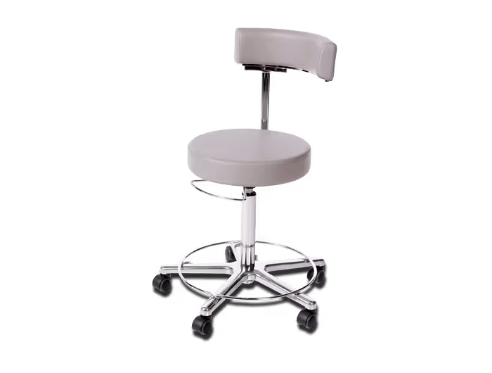 Modern adjustable office chair with a round gray seat, curved backrest, and metal base with caster wheels.