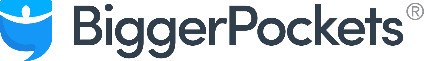 BiggerPockets logo with stylized speech bubble in blue and gray