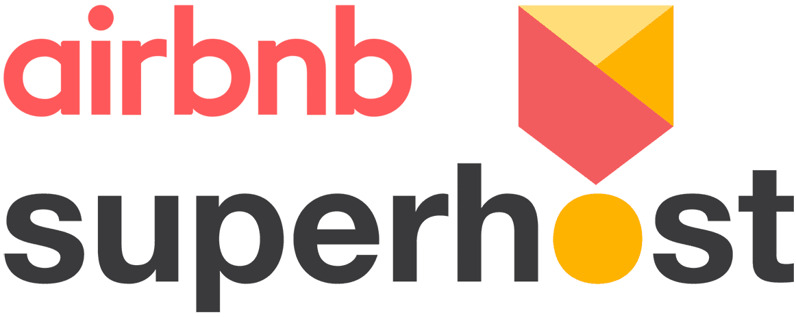 Airbnb Superhost logo with colorful geometric design and text