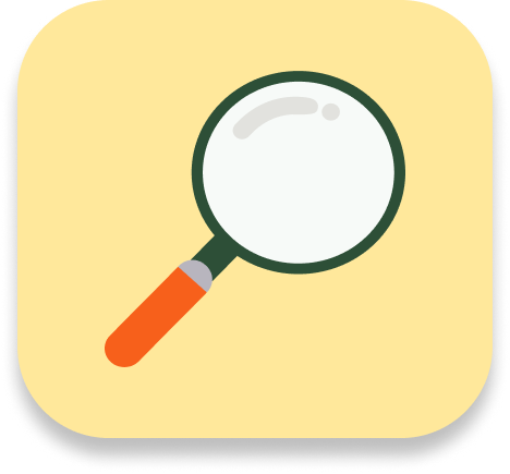 Magnifying glass icon with orange handle on yellow background