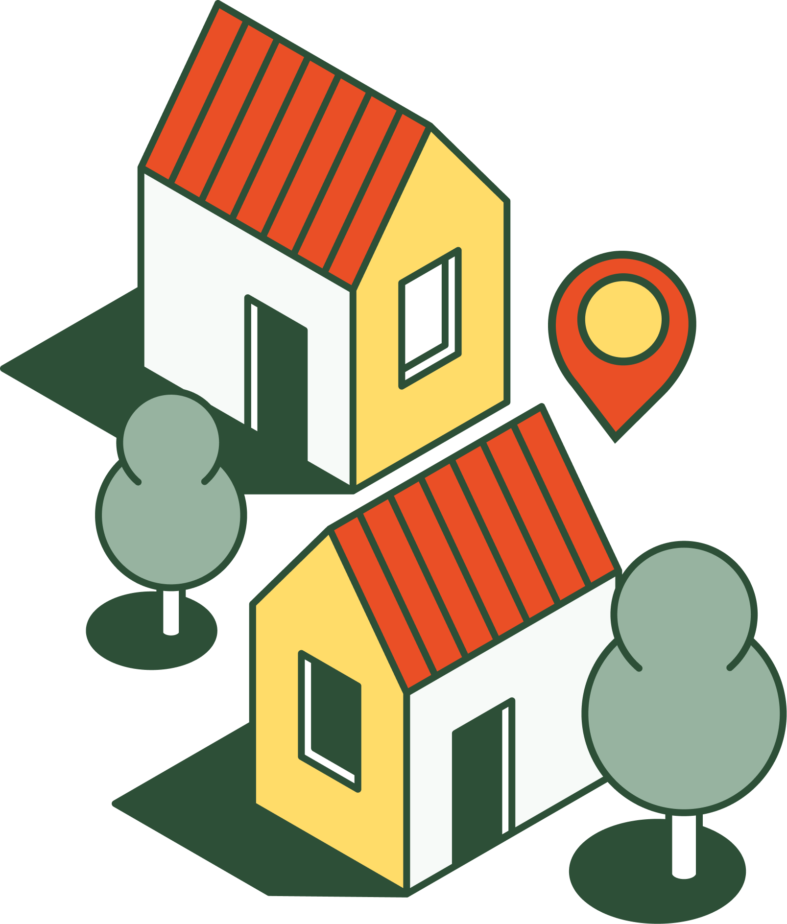 Minimalist illustration of two houses with trees and location pin