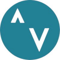 White upward arrow and downward chevron on teal circular background logo