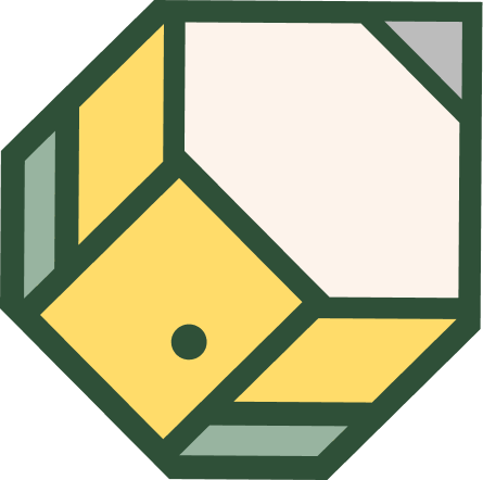 Geometric isometric illustration with yellow and cream squares in dark green frame.