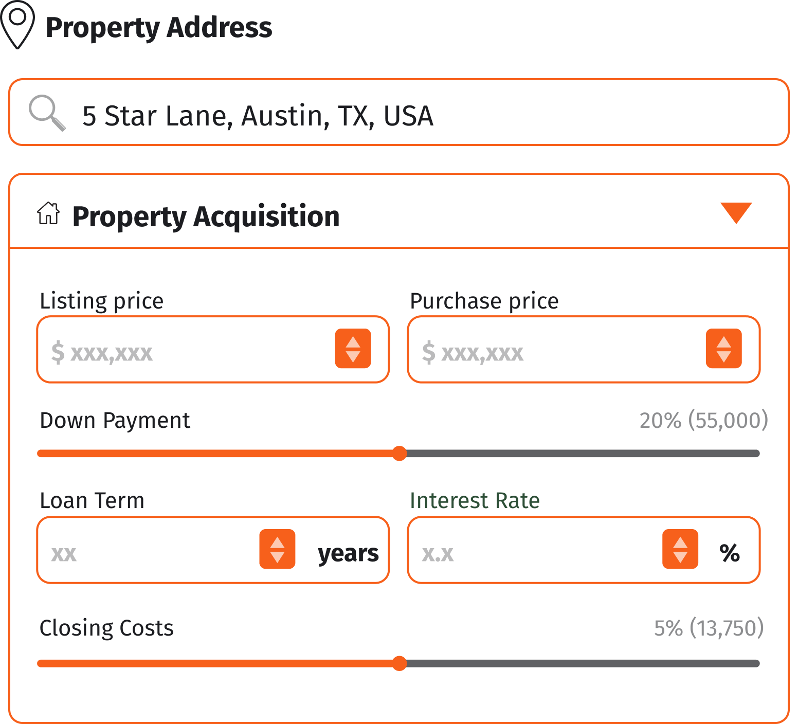 Property acquisition form for 5 Star Lane, Austin, TX with listing price, purchase price, down payment, loan term, interest rate, and closing costs