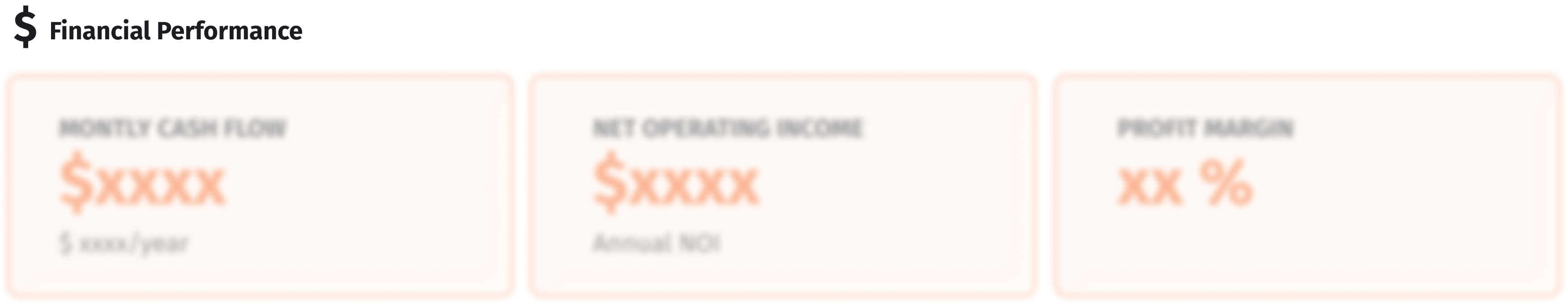 Financial Performance dashboard displaying monthly cash flow, net operating income, and profit margin metrics