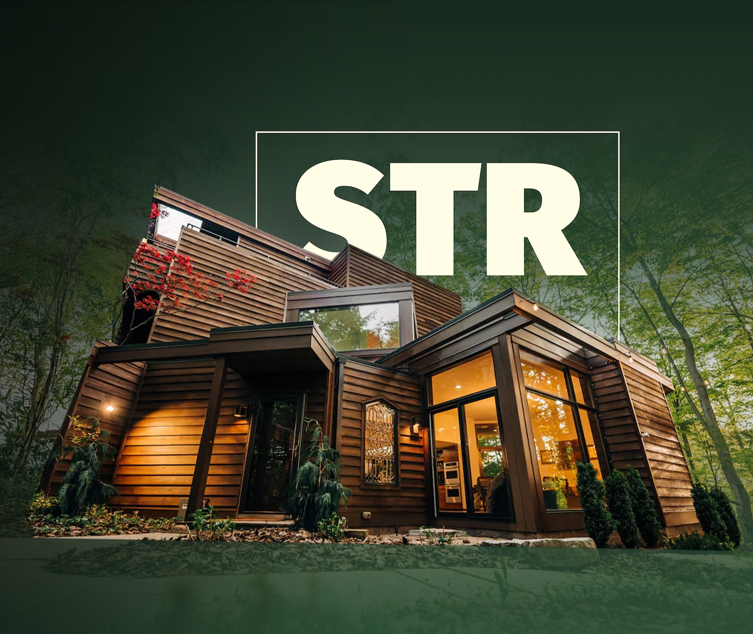 Modern wooden house with warm lighting surrounded by green forest trees at dusk