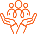 Three people figures held in open hands, representing care and support concept.