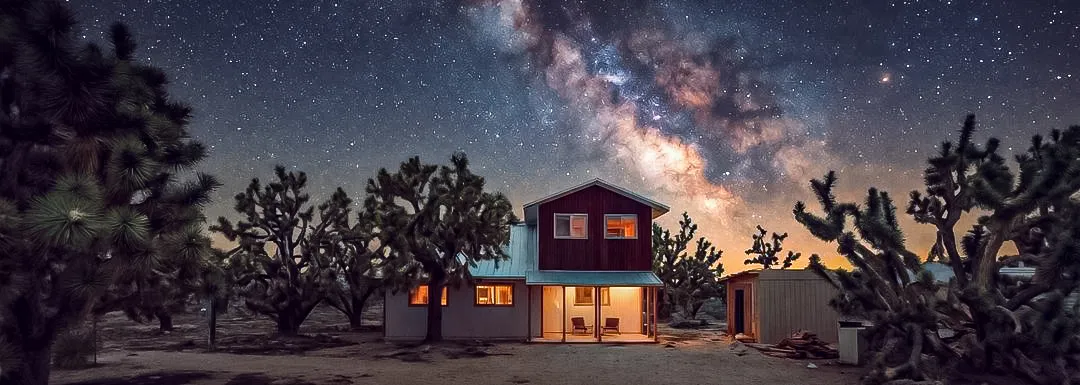 Modern red house glowing at night surrounded by Joshua trees under starry Milky Way sky.
