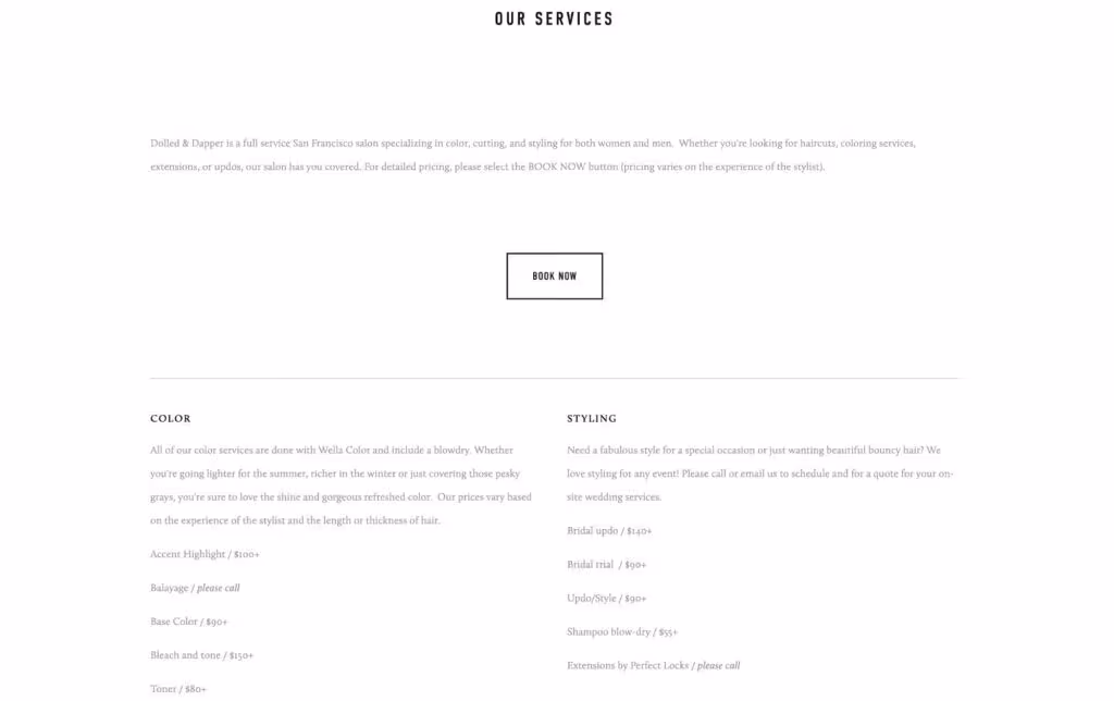 Salon services list including Wella color, highlight, balayage, styling, bridal updo, and extensions pricing info.