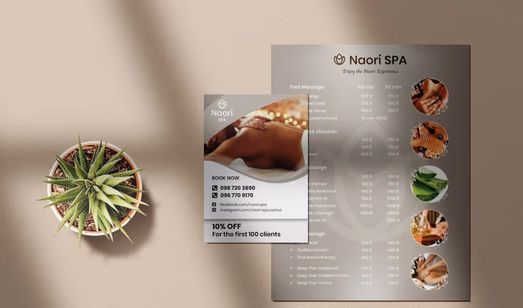 Naori Spa flyer with massage service list, contact info, discount offer, and aloe plant on beige background.