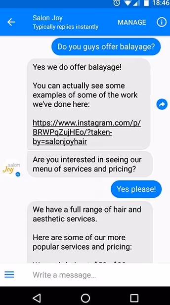 Chat conversation with Salon Joy about balayage services, pricing, and a link to examples on Instagram.