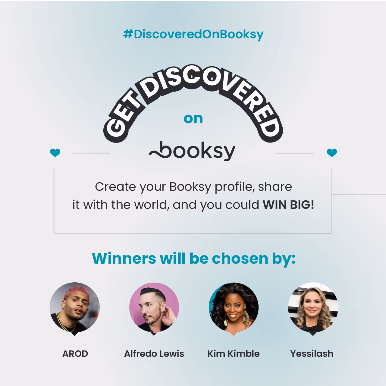 Promotion for Booksy profile creation with winners Arod, Alfredo Lewis, Kim Kimble, and Yessilash.