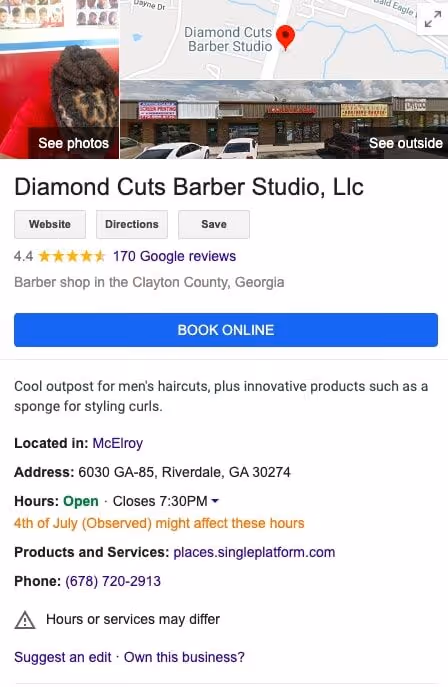 Google business listing for Diamond Cuts Barber Studio with ratings, address, hours, and contact info.