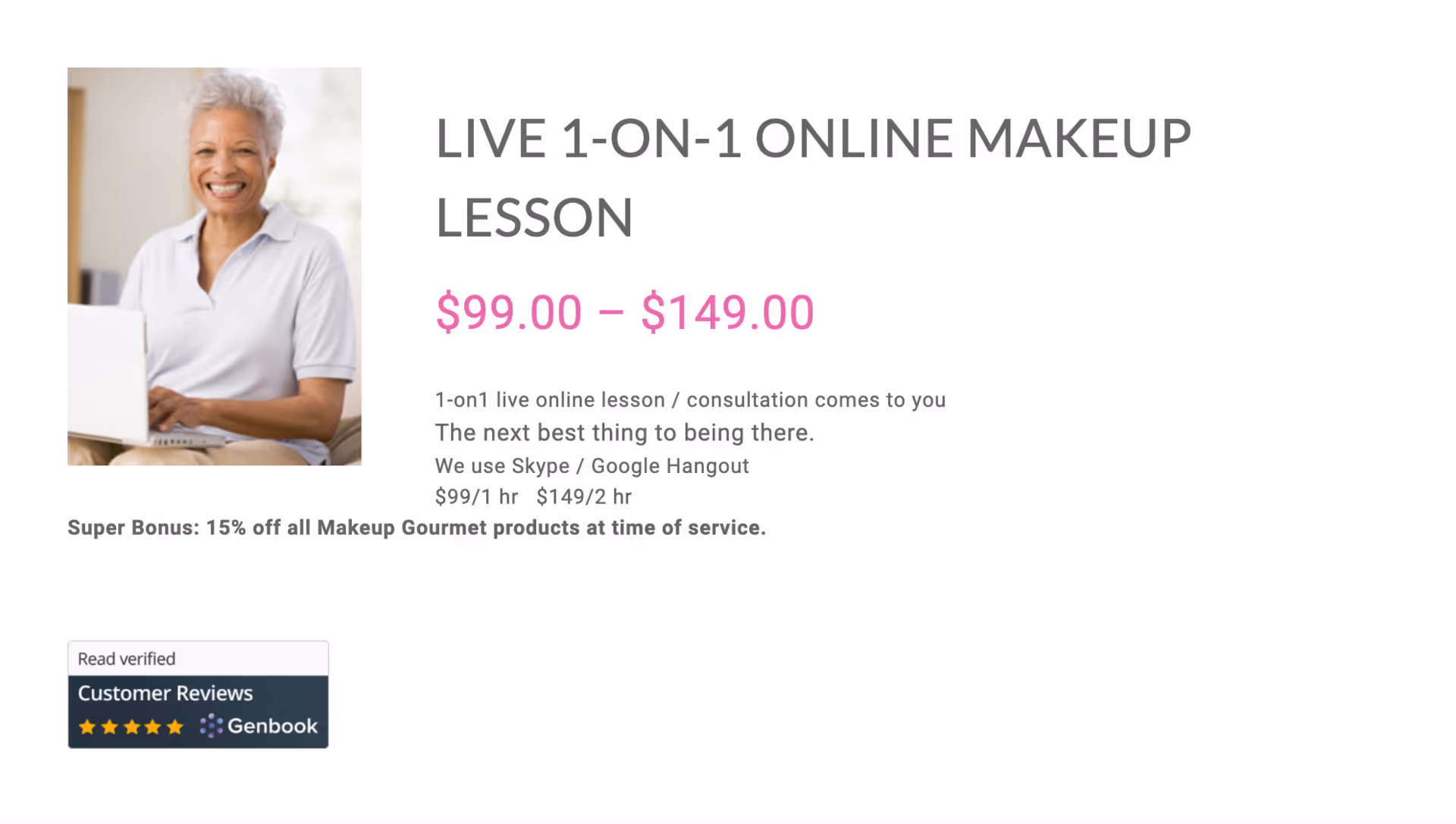 Smiling older woman using laptop promoting live 1-on-1 online makeup lesson priced $99 to $149.