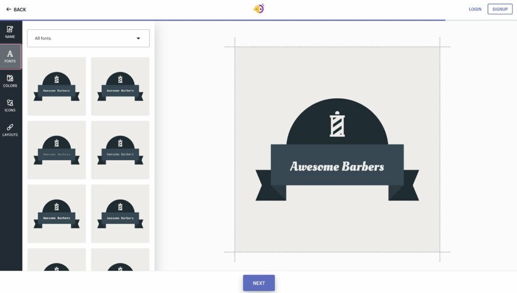 Logo design screen showing a barber pole icon with 'Awesome Barbers' text in ribbon styles selection.