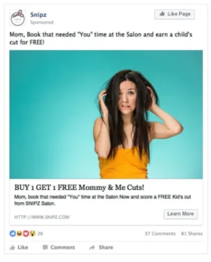 Worried woman in orange top with hands in hair on turquoise background in salon promo ad.