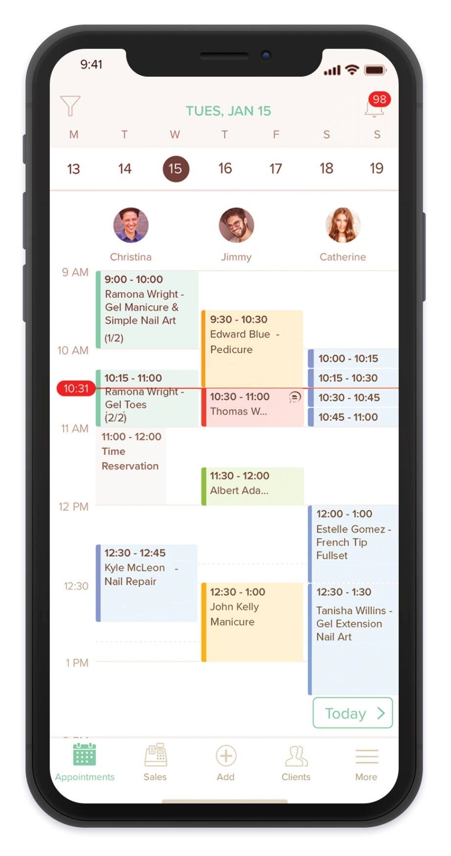Mobile app calendar showing nail salon appointments for Christina, Jimmy, and Catherine on Jan 15.