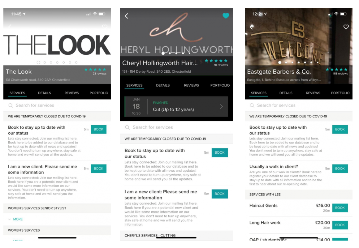 Three screenshots of salon booking apps showing closures due to COVID-19 and booking options.
