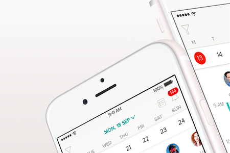 Close-up of two iPhones displaying a calendar app with dates and user avatar icons.