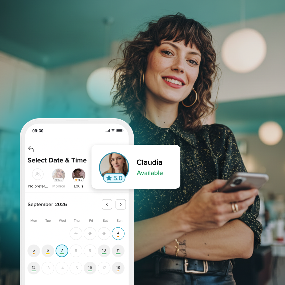 Woman holding phone with app screen showing date, time, staff ratings, and availability info.