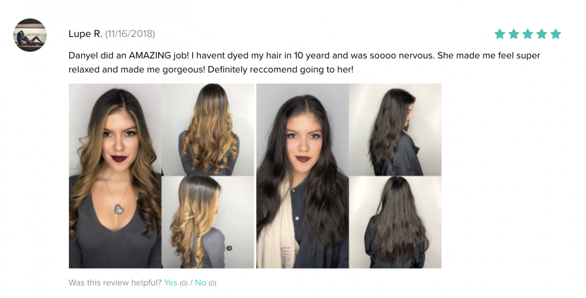 Before and after photos of a woman’s hair showing a change from light brown highlights to dark brown hair.