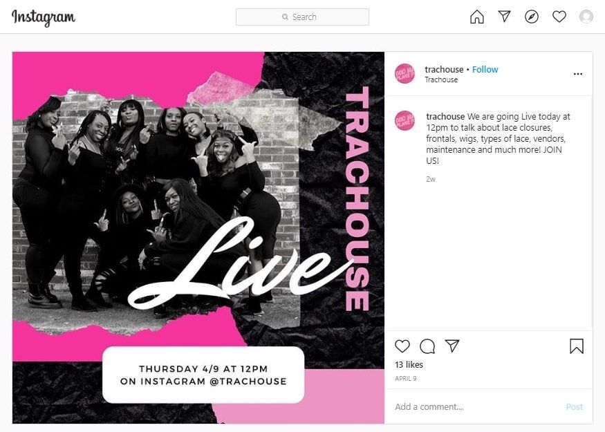 Group of women posing in black outfits with text promoting Trachouse Instagram Live event on 4/9 at 12 PM.