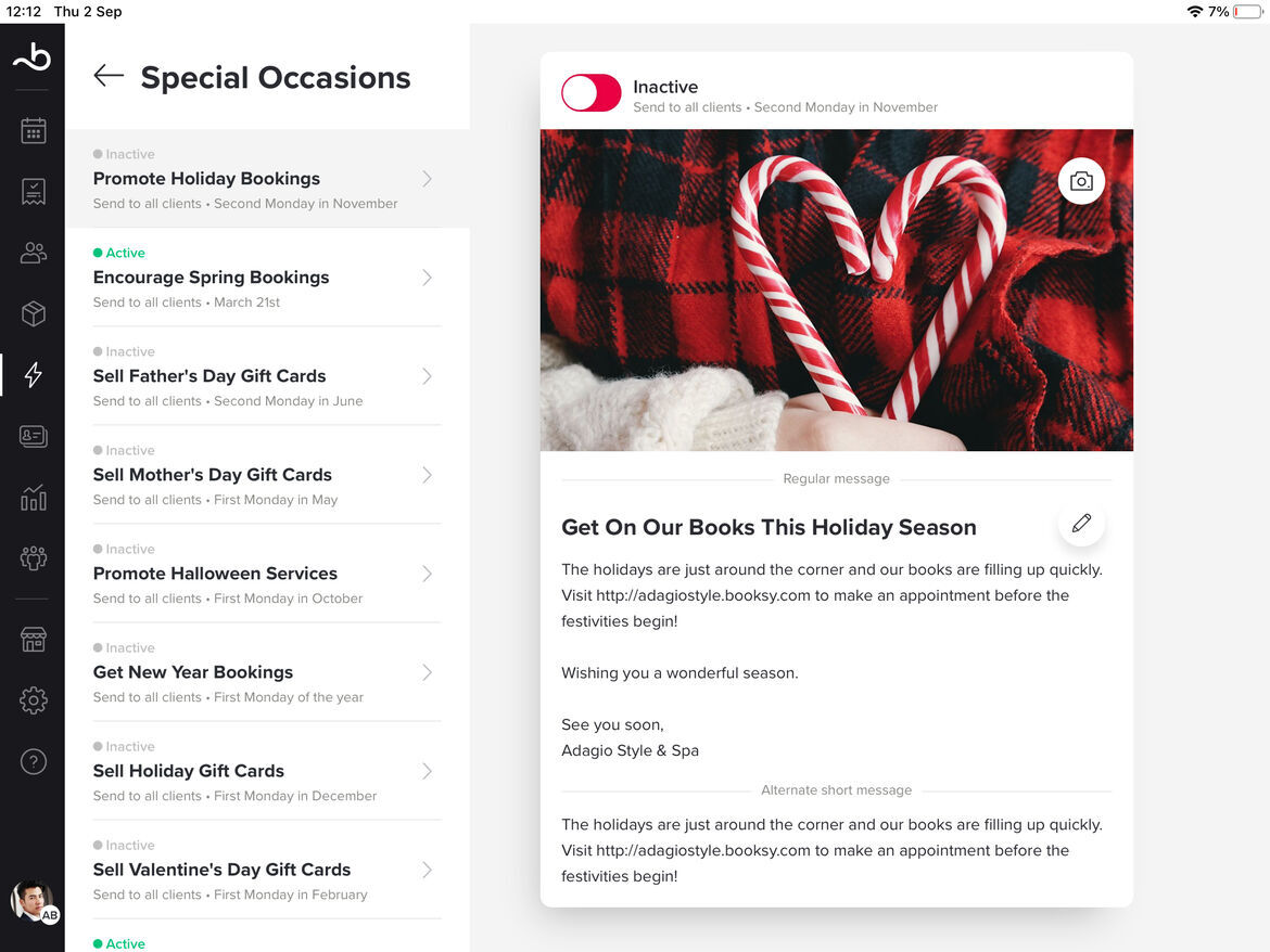 Screen showing scheduling app with holiday booking messages and a heart-shaped candy cane image.