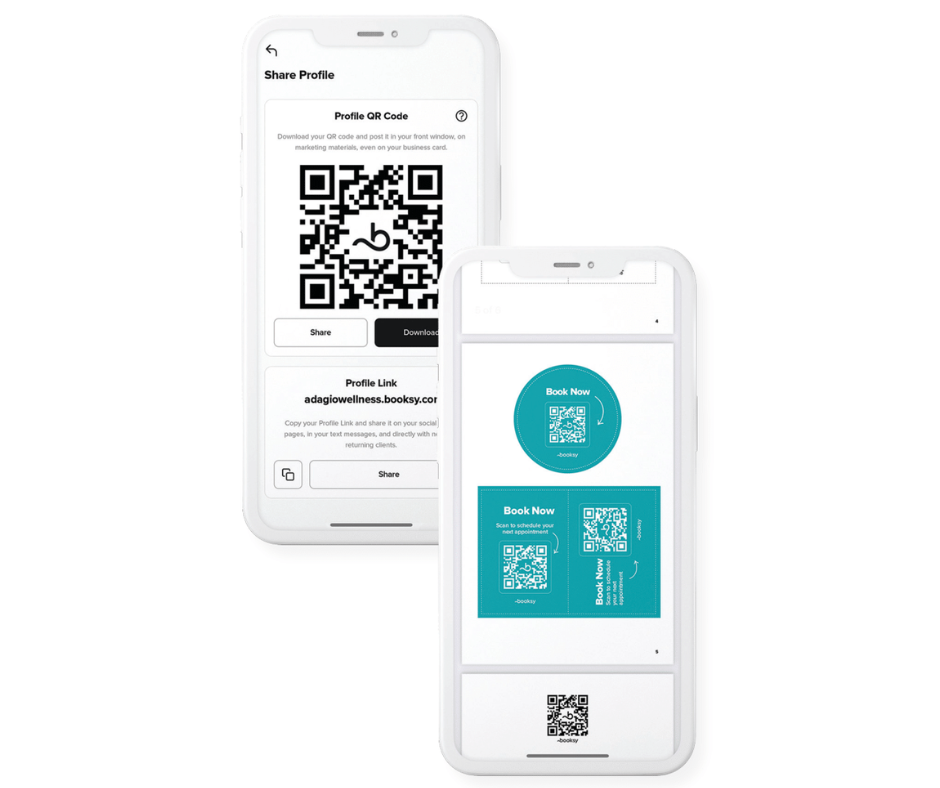 Two smartphones display digital screens with QR codes for sharing profiles and booking appointments.