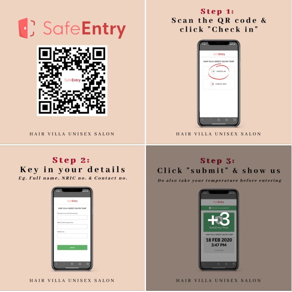 SafeEntry QR code and step-by-step check-in guide for Hair Villa Unisex Salon via phone screens.