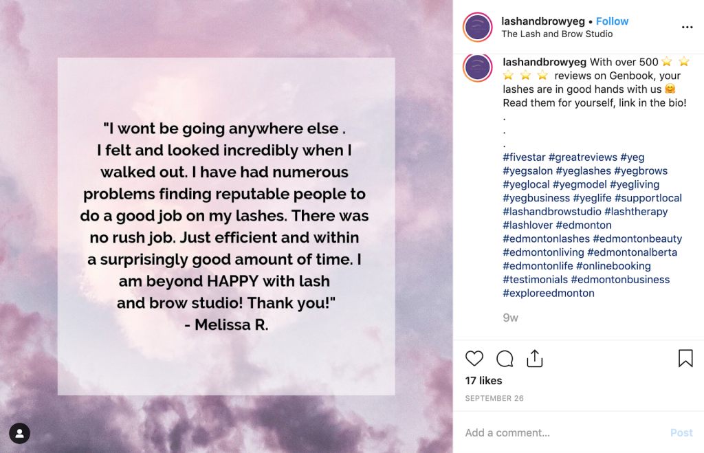 Customer review praising efficient and high-quality lash and brow service from Melissa R.