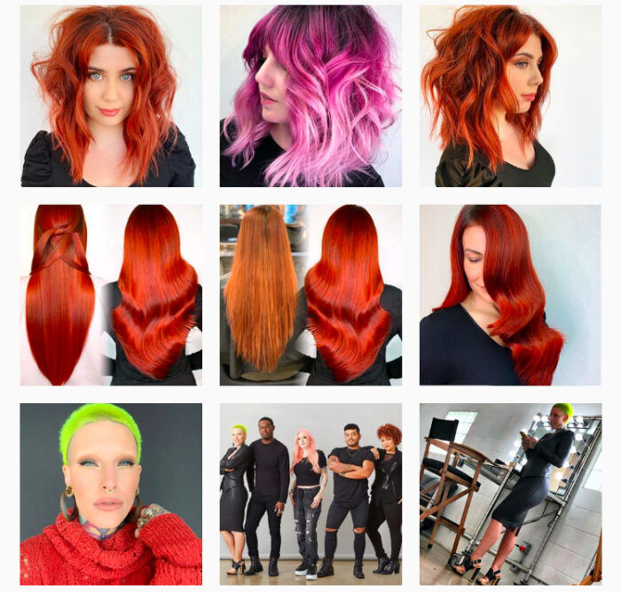 Collage of colorful hairstyles: red, pink ombre, long shiny hair, and neon green buzz cut on models.