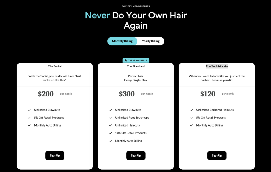Subscription plans comparing The Social, The Standard, and The Sophisticate with prices and haircare benefits.